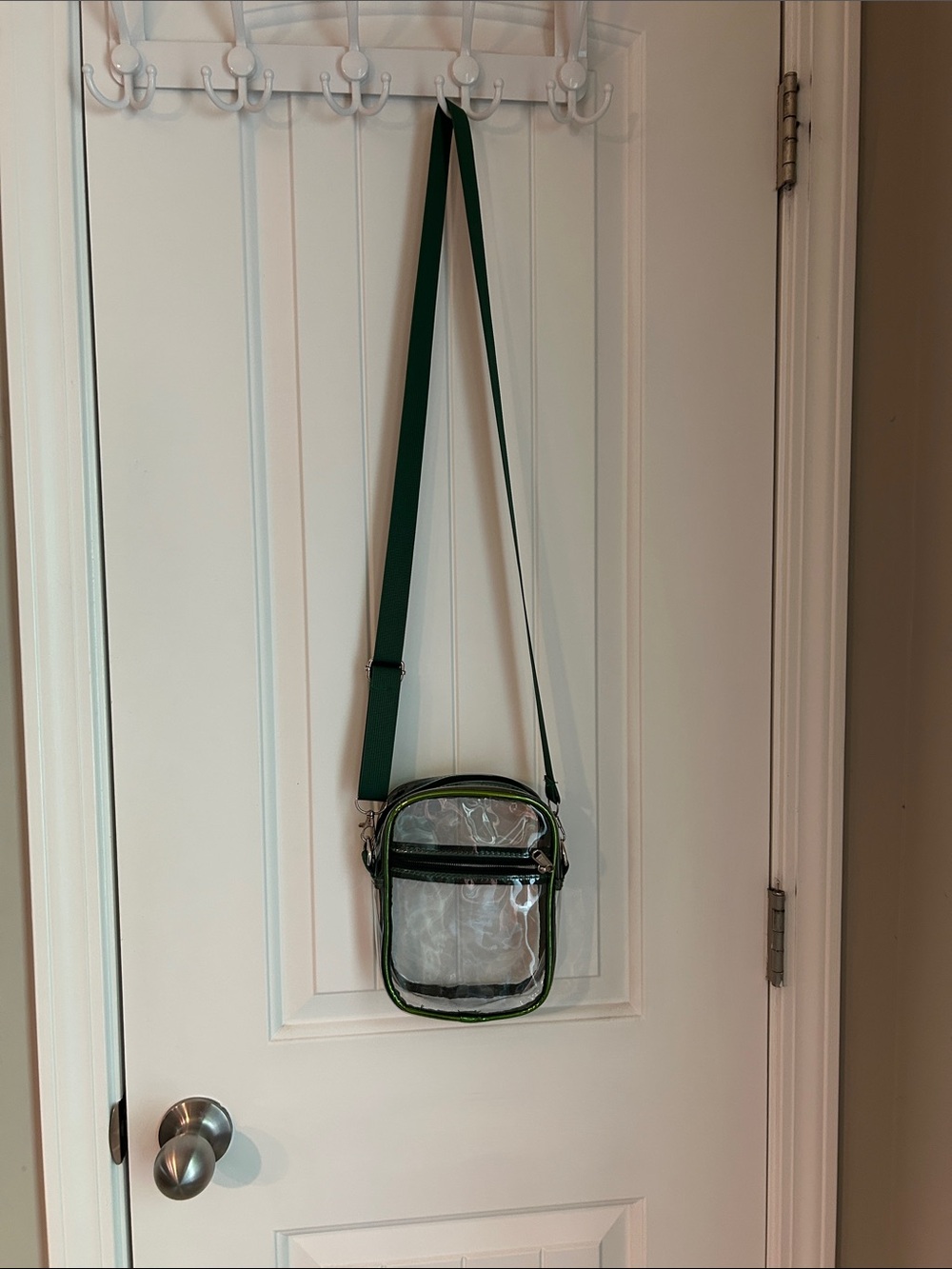 Clear Stadium Crossbody Bag with Green Trim and strap
